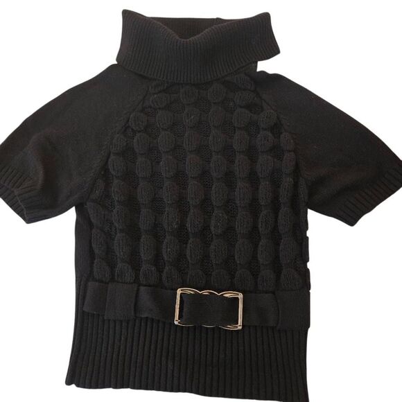 Elena Wang Womens Turtle Neck Bubble Knit Short Sleeve Sweater Black Medium - Picture 5 of 9